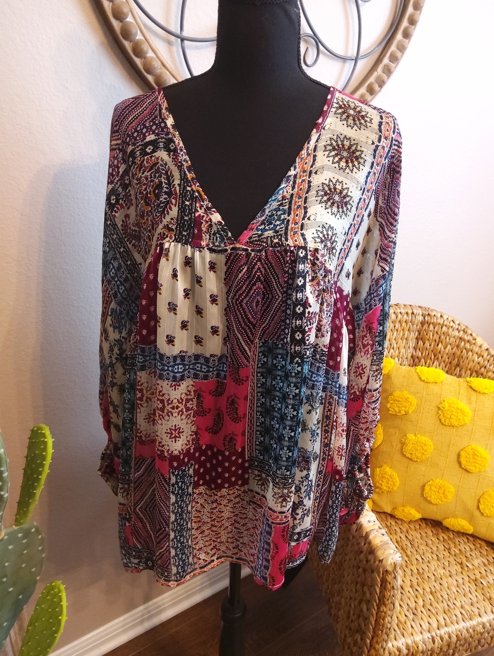 Brazos Market Patchwork Boho V-Neck Top - Pink Multi